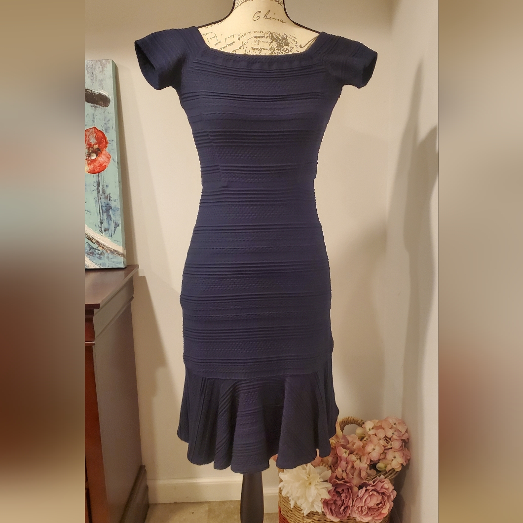 Rebecca Taylor Women's Navy Blue, Textured Off Shoulder Flounce Dress, Size 0.